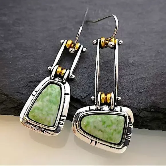 Vintage Silver Turquoise Asymmetrical Geometric Bohemian Boho Earrings - Picture 3 of 7